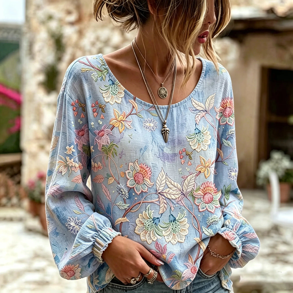 Women's Floral Art Print Flowy Linen Blend Linen Blend Long Sleeve Casual Tops