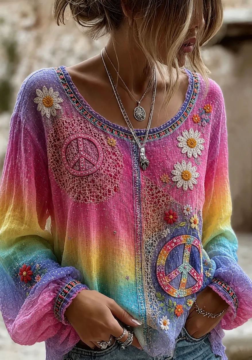 Women's Vintage Hippie Floral Art Print Linen Blend T-shirt