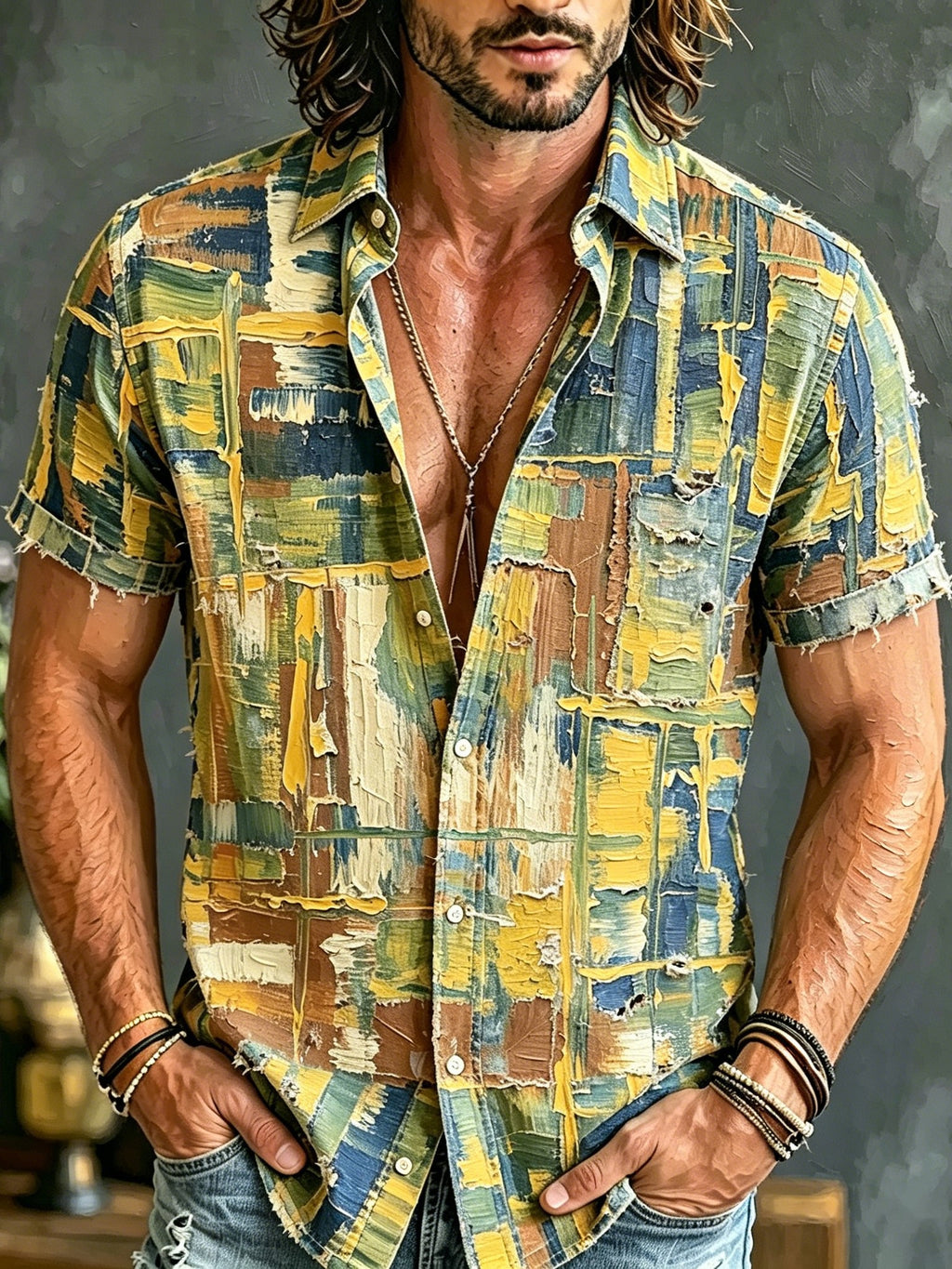 Men's Retro Hippie Style Oil Painting Print Shirt