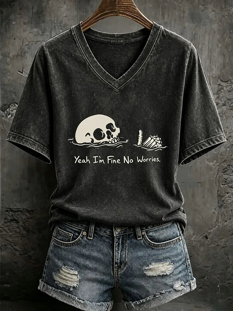 Women's Halloween Gothic Skull Print V-neck T-shirt