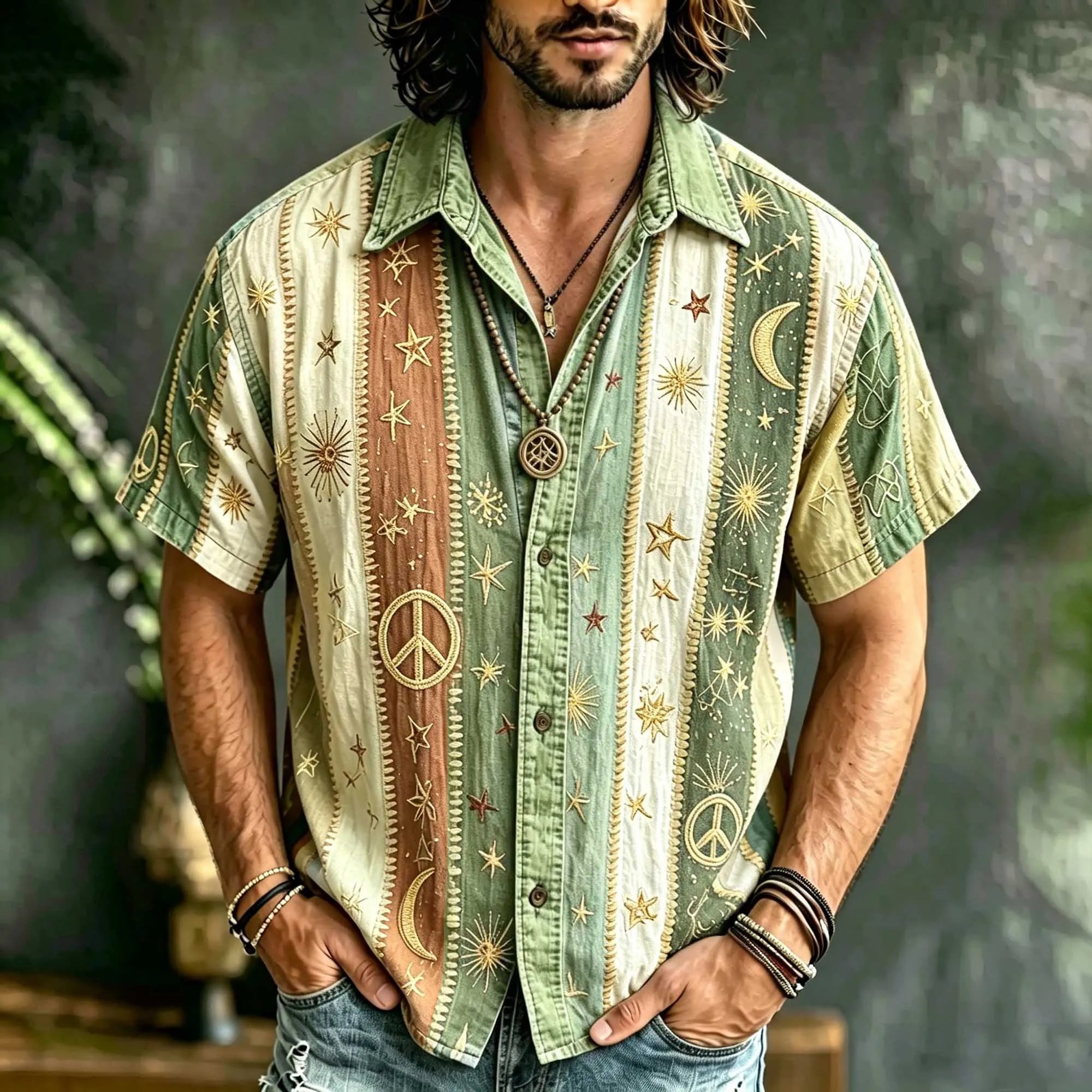 Vintage Hippie Stripe Patchwork Linen Shirt, 3d Embroidery Star & Crescent Casual Summer Short Sleeve Top