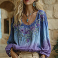Women's Retro Gradient Floral Embroidery Casual Cotton Linen Crew Neck T-shirt