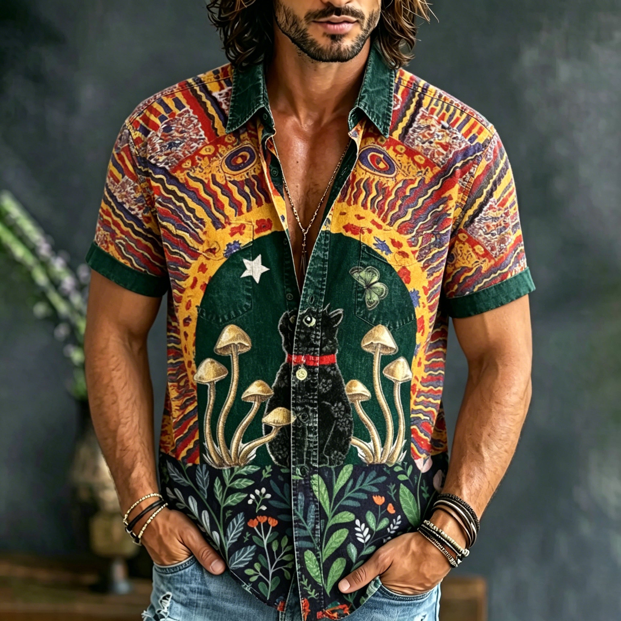 Men's Hippie Tie Dye Black Cat Art Print Shirt