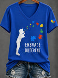 Women'S Casual V-Neck Top With Autism Awareness Print