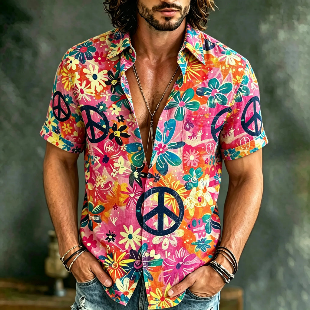 Men's Retro Hippie Floral Print Cotton Linen Short-sleeve Shirt