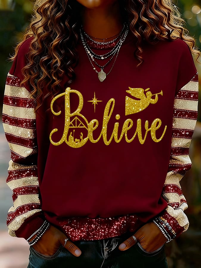 Women's Nativity Faith Art Print Casual Crew Neck Sweatshirt