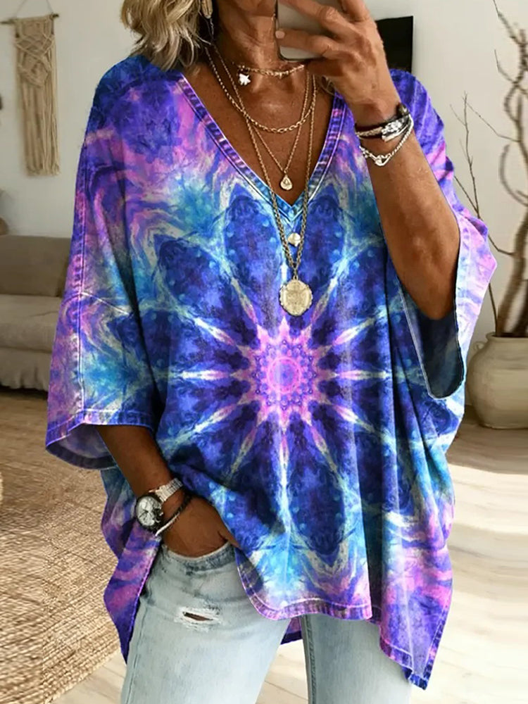 Women's Psychedelic Mandala Art Print V-neck Loose-fit Top