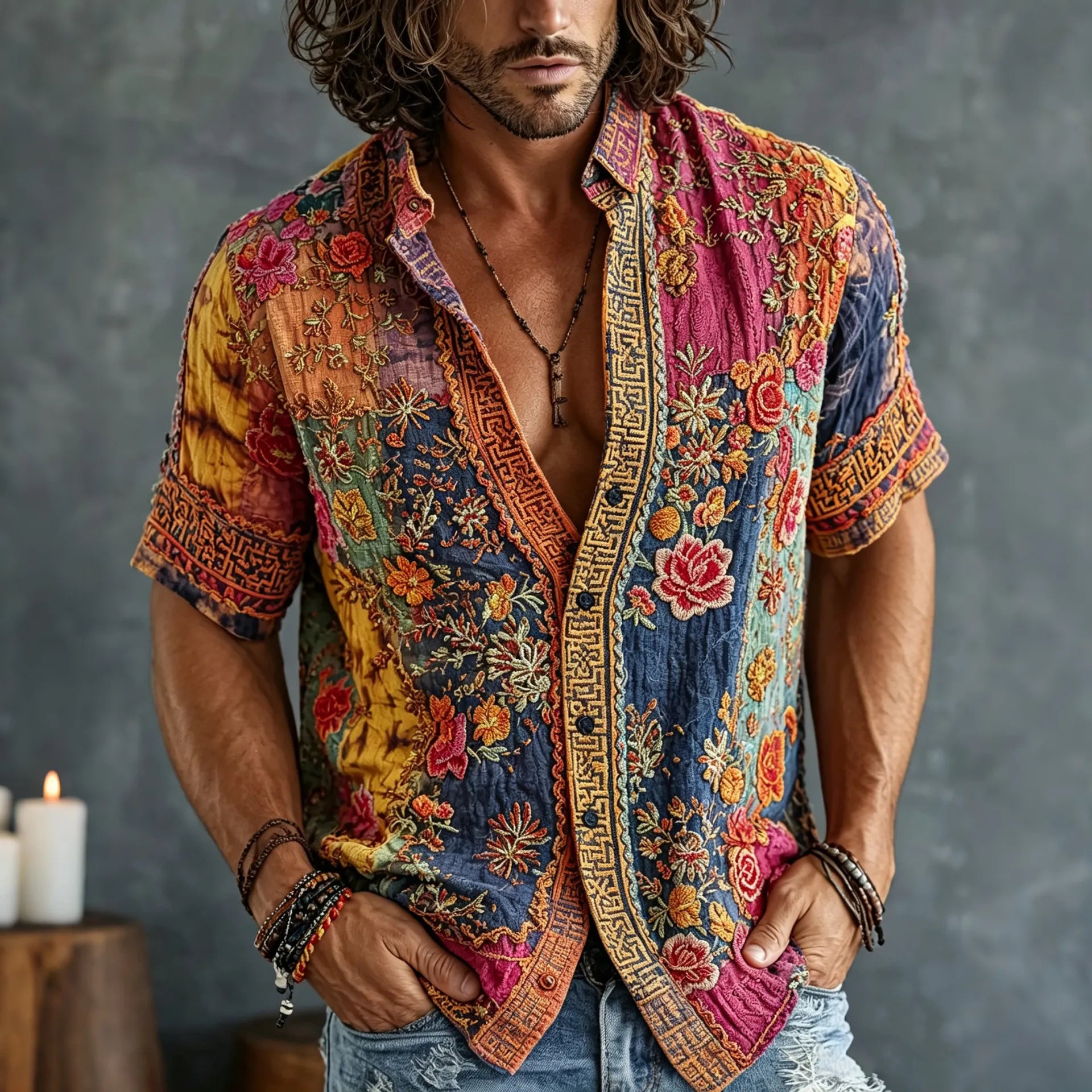 Men's Vintage Floral Patchwork Embroidered Art Print Flowy Linen Blend Casual Shirts