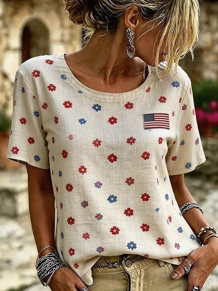 Women's Casual And Minimalist American 250Th Anniversary Cotton And Linen T-Shirt