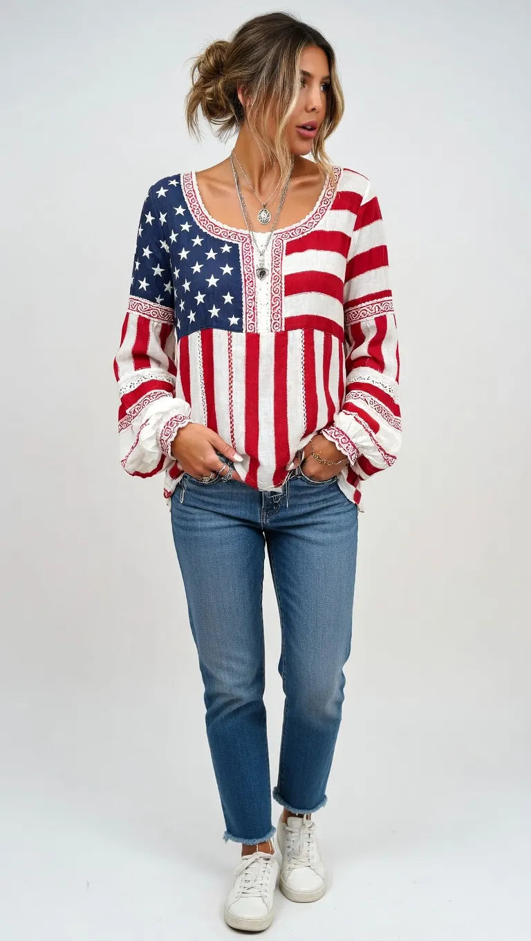 Women's Retro Independent Floral Patchwork Art Print Long Sleeve T-shirt