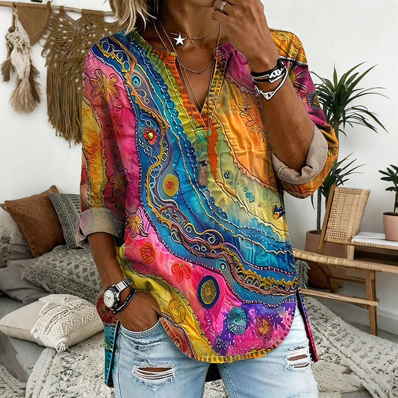 Women's Colorful Wave Texture Pattern V Neck Blouse