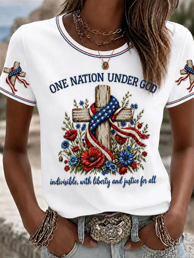 Women's One Nation Under God Printed Casual T-shirt