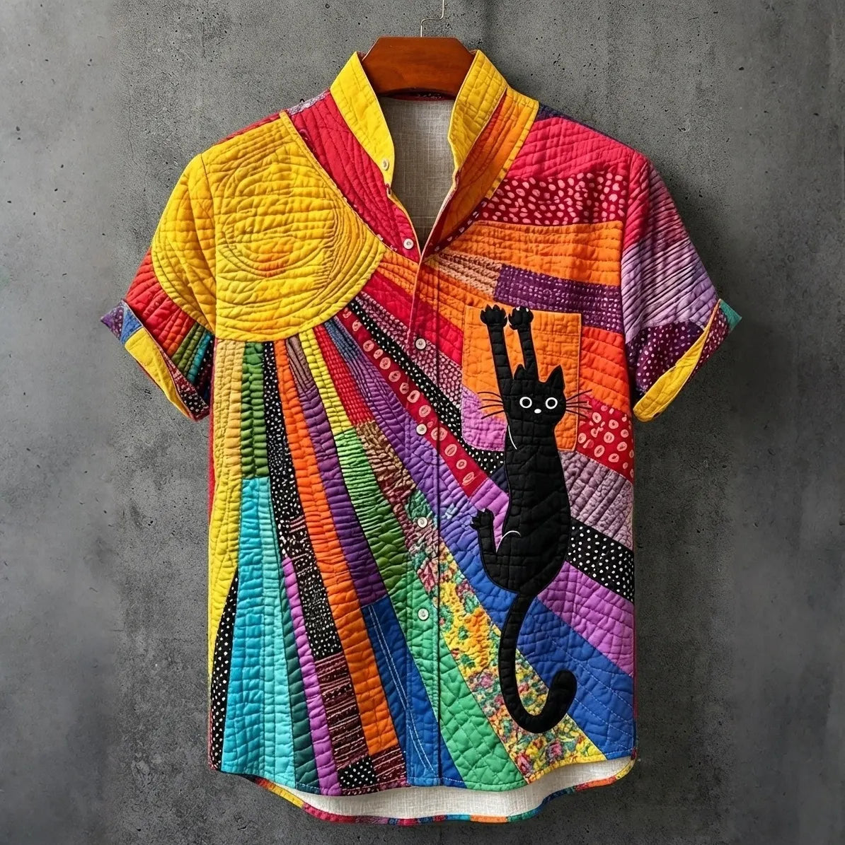 Men's Vintage Black Cat Samurai Ink Rainbow Printing Flowy Linen Blend Casual Shirt
