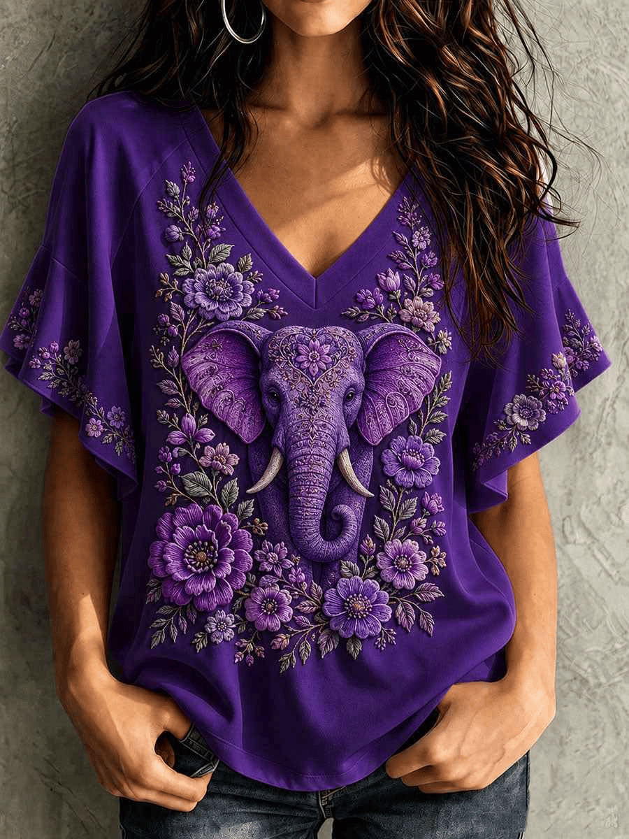 Women's Purple Floral Alzheimer's Disease Print Comfortable V-Neck T-Shirt