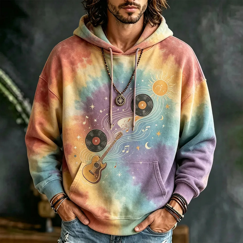 Men's Tie-dye Pullover Hoodie Sweatshirt With Sun, Vinyl Records, And Guitar Music Art Print