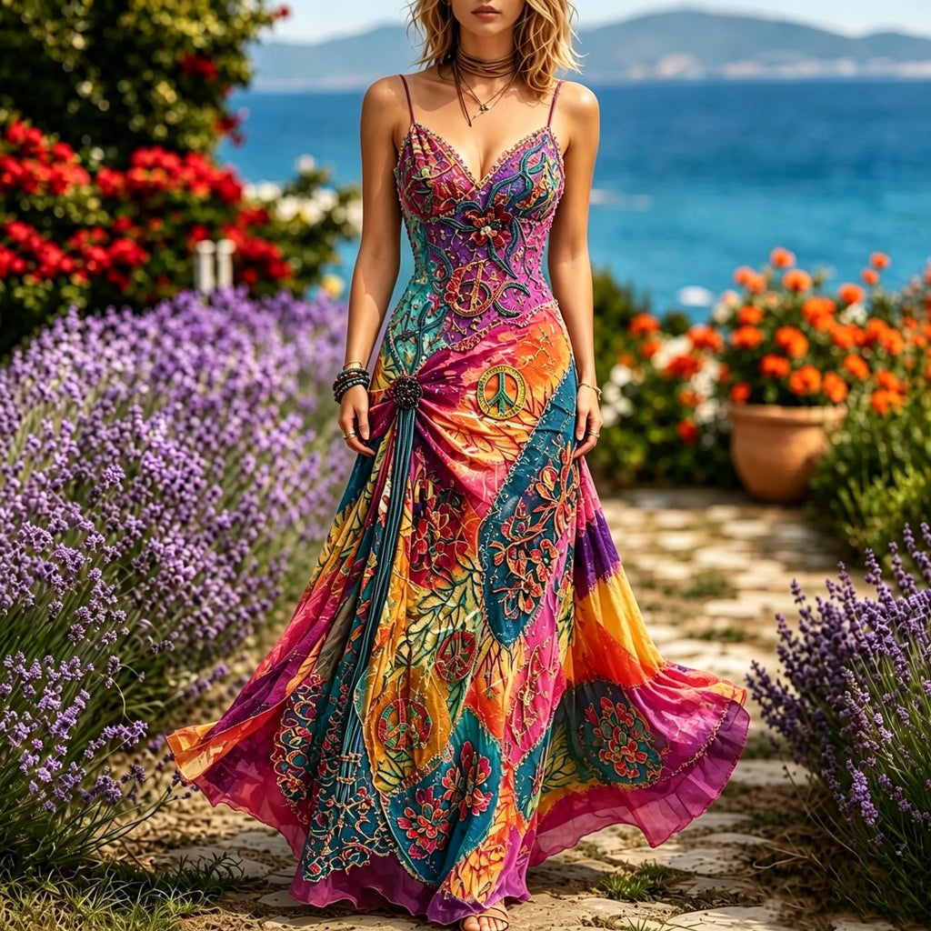 Women's Hippie-style Floral And Peace Symbol Color-blocked Dress