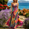 Women's Hippie-style Floral And Peace Symbol Color-blocked Dress
