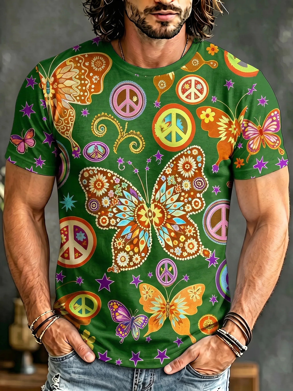 Men's Retro Hippie Peace And Butterfly Art Print Crew Neck Short Sleeve T-shirt