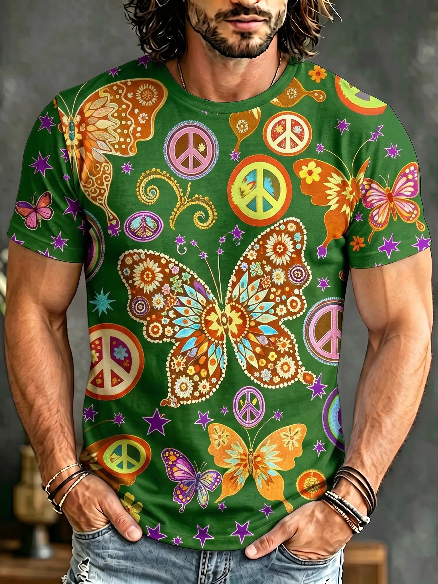 Men's Retro Hippie Peace And Butterfly Art Print Crew Neck Short Sleeve T-shirt