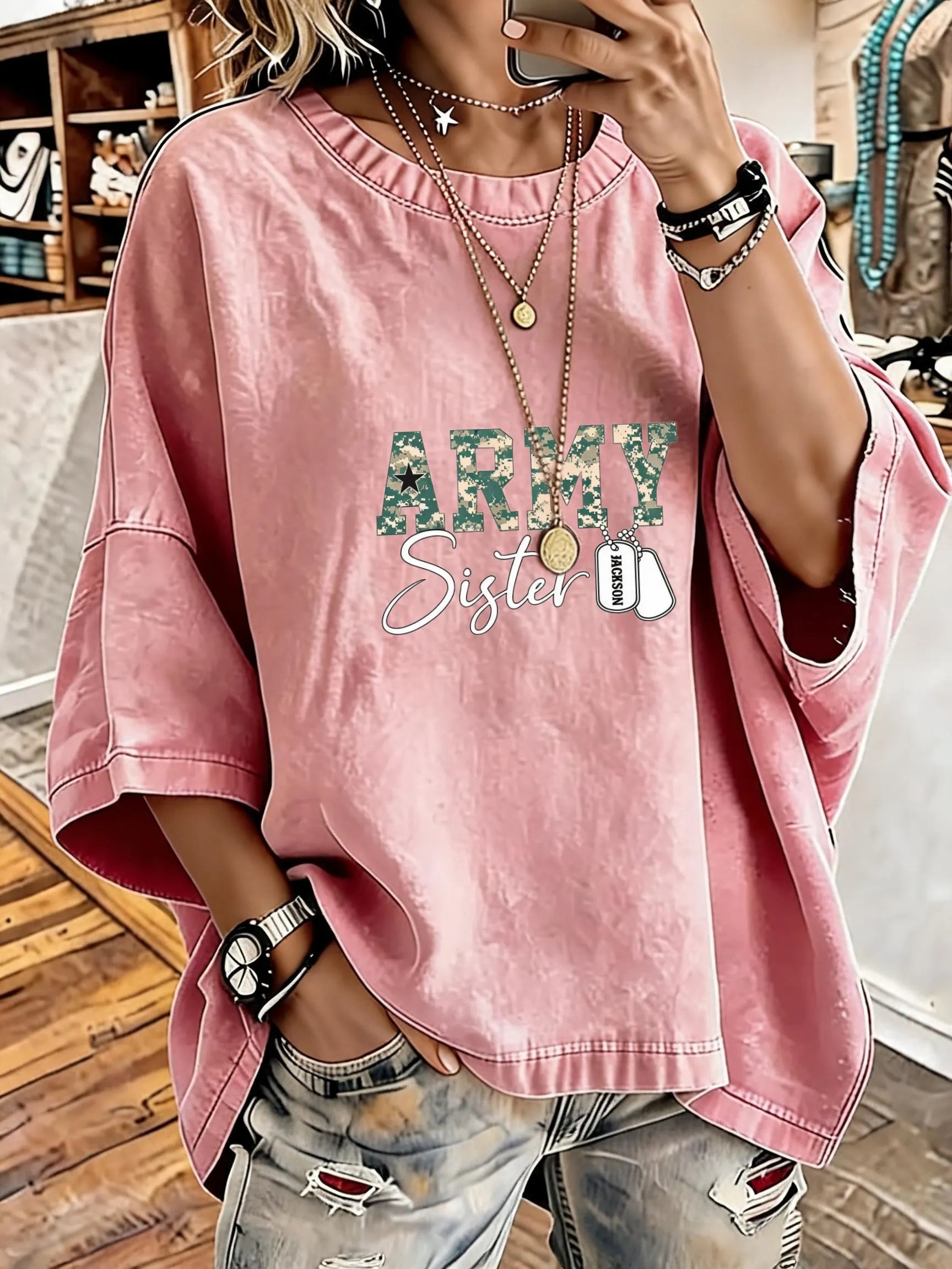 Women's Vintage Distressed Washed Army Sister Oversized T-Shirt