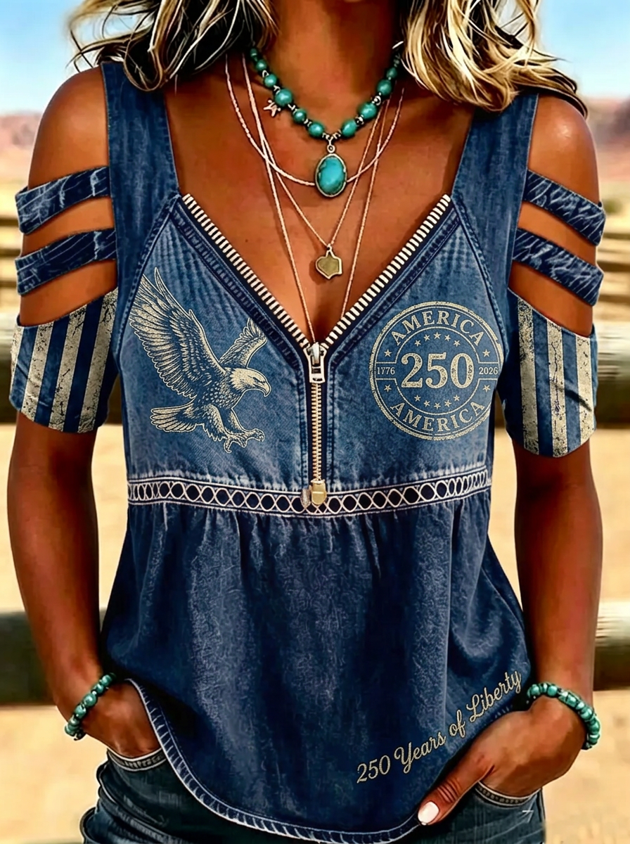 Women's Western Independence Day Eagle 250th Anniversary Printed T-shirt