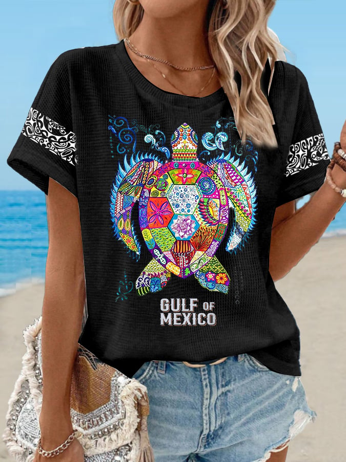 Women's Waffle Mexican Turtle Print T-Shirt