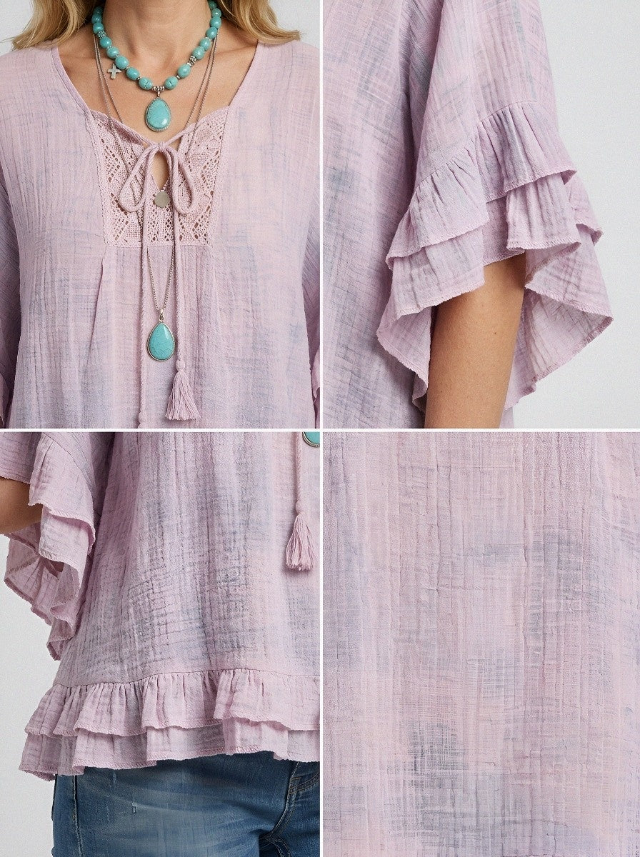 Women's Western Vintage Boho Lace Trim Ruffle Sleeve Printed Top