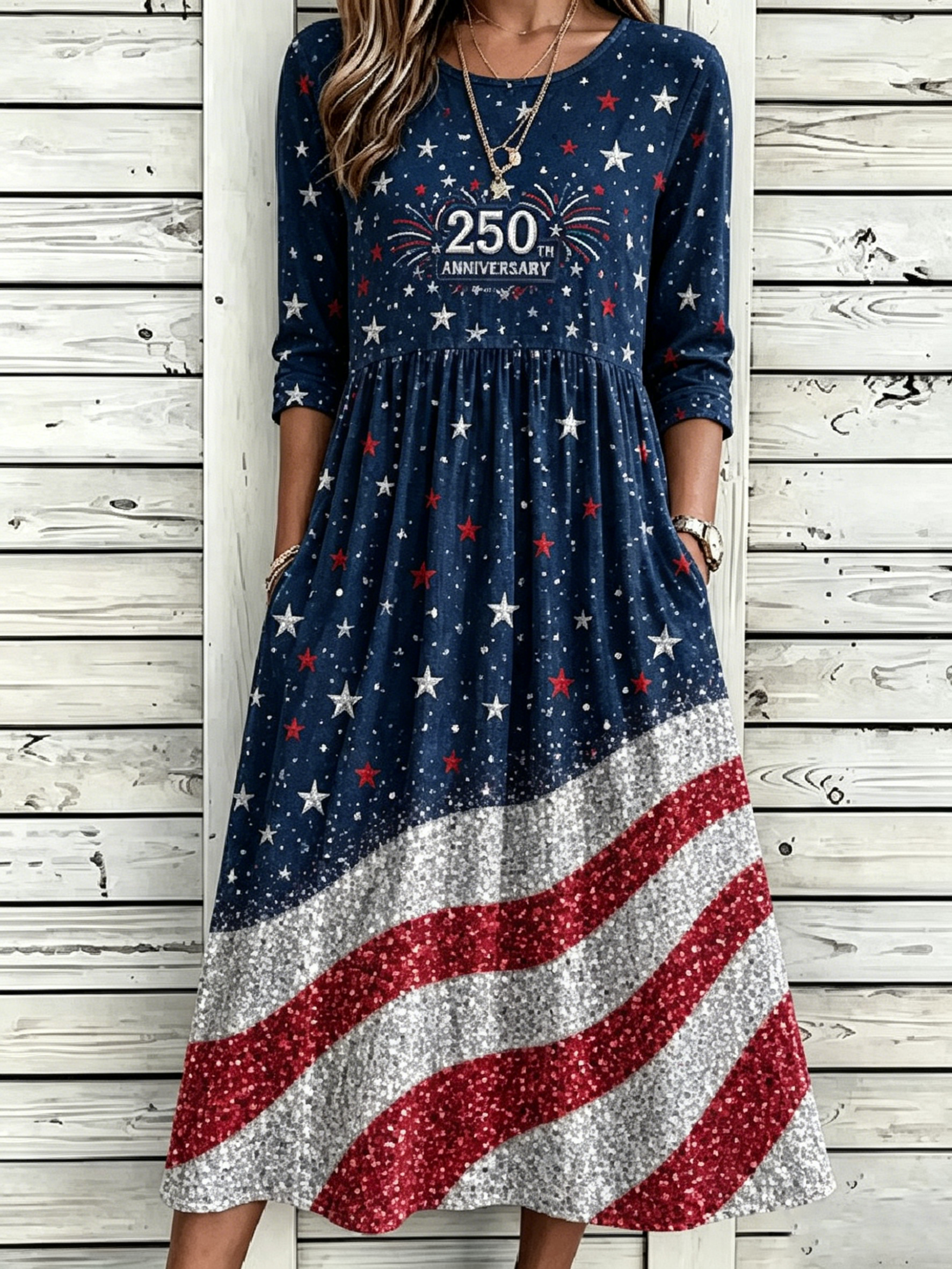 Women's Vintage American Flag Floral Print Midi Dress