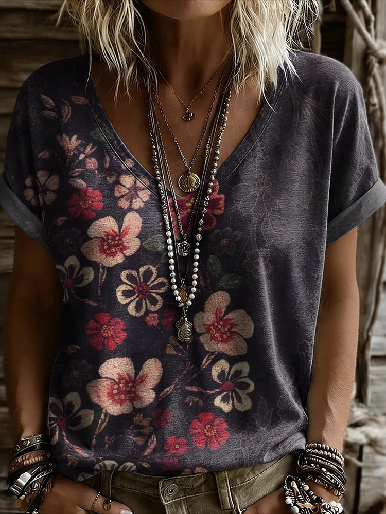 Women's Retro Floral Art Print Casual V-neck T-shirt