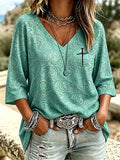 Women'S Casual V-Neck Western Faith Seven Quarter Sleeve T-Shirt