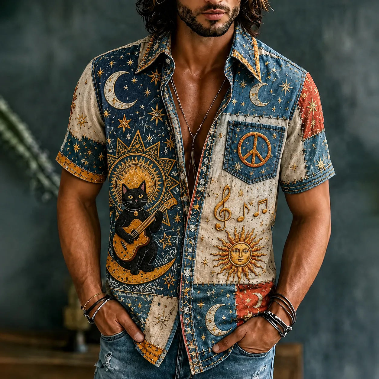 Men's Hippie Music Patchwork Denim Art Print Casual Shirt