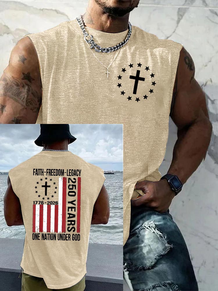 Faith Freedom Legacy One Nation Under God Pattern Round Neck 100% Cotton Tank Top