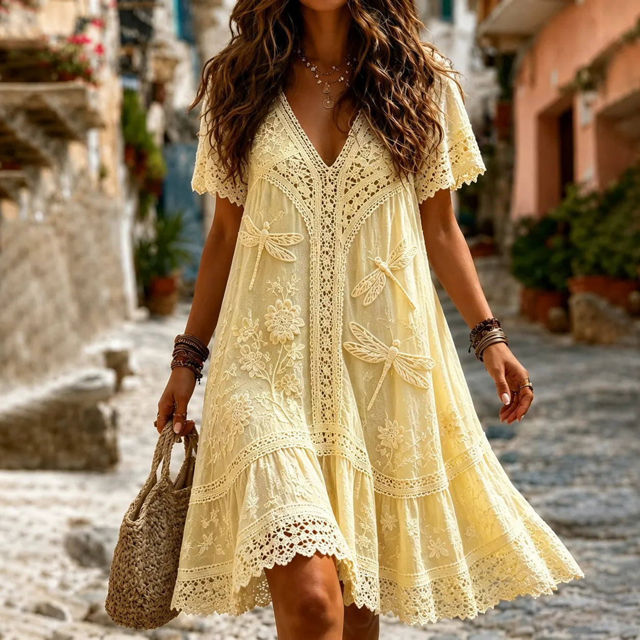 Women's Retro Hippie Floral And Dragonfly Pattern Art Embroidered Linen Blend Maxi Dress