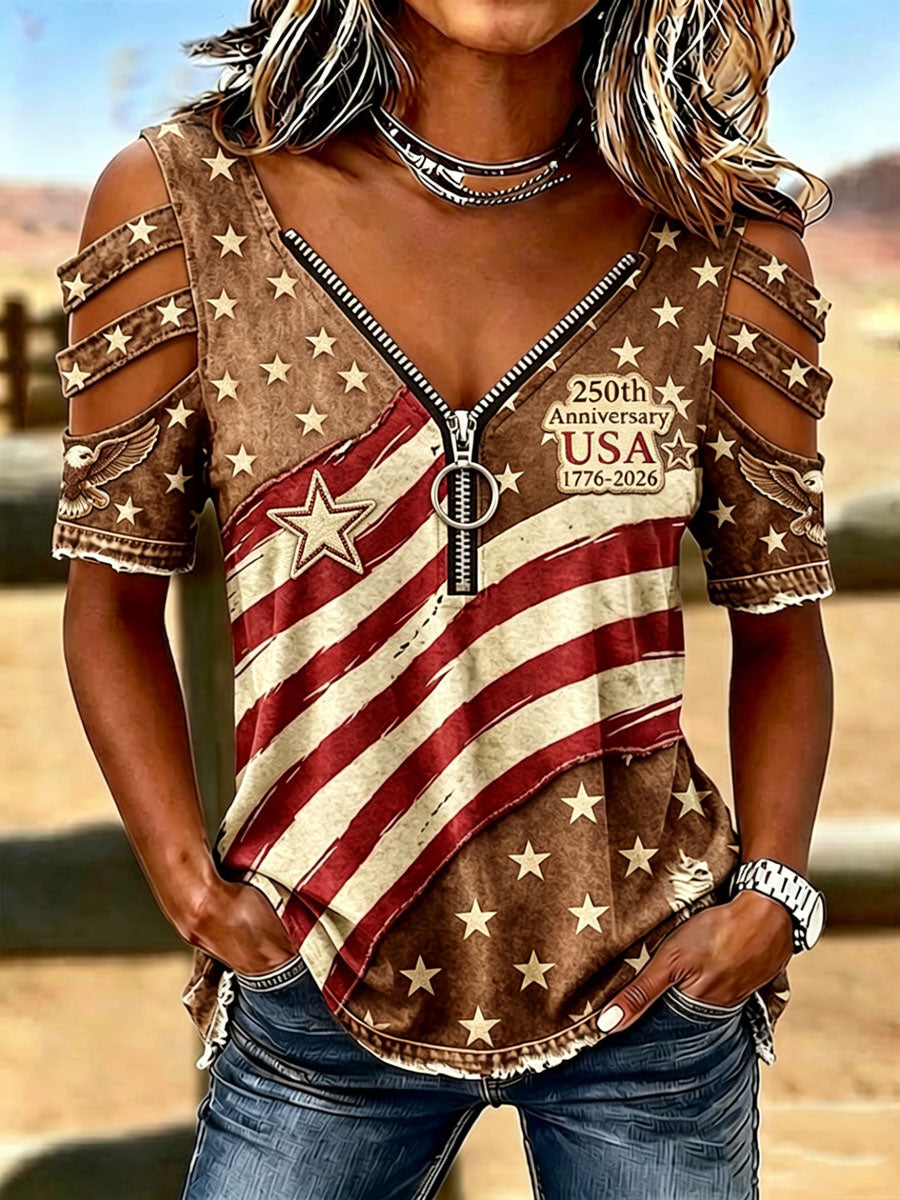 Female Casual Hollowed Out Patriotic T-Shirt