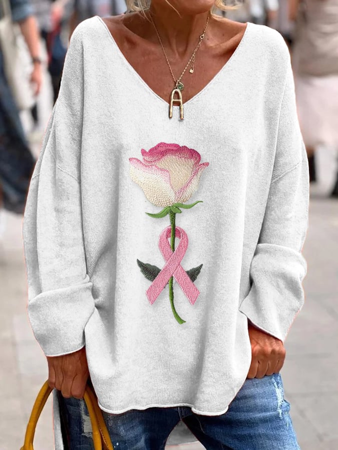 Women's Pink Breast Cancer Floral Print Loose Top