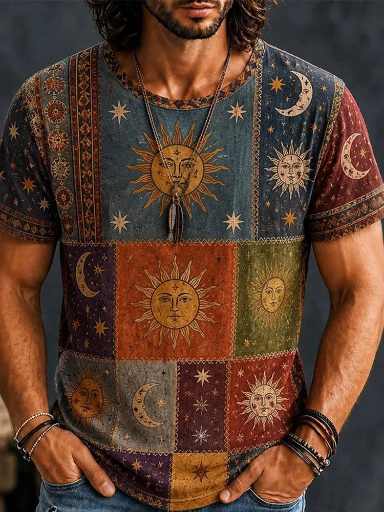Men's Hippie Sun Moon Geometric Patchwork Print Short Sleeve T-shirt