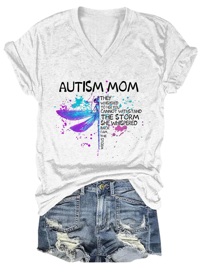 V-neck Autism Mom Print T-Shirt