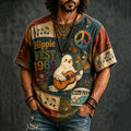 Men's Hippie Music With Pigeons Playing Guitar Patchwork Pattern Print T-shirt