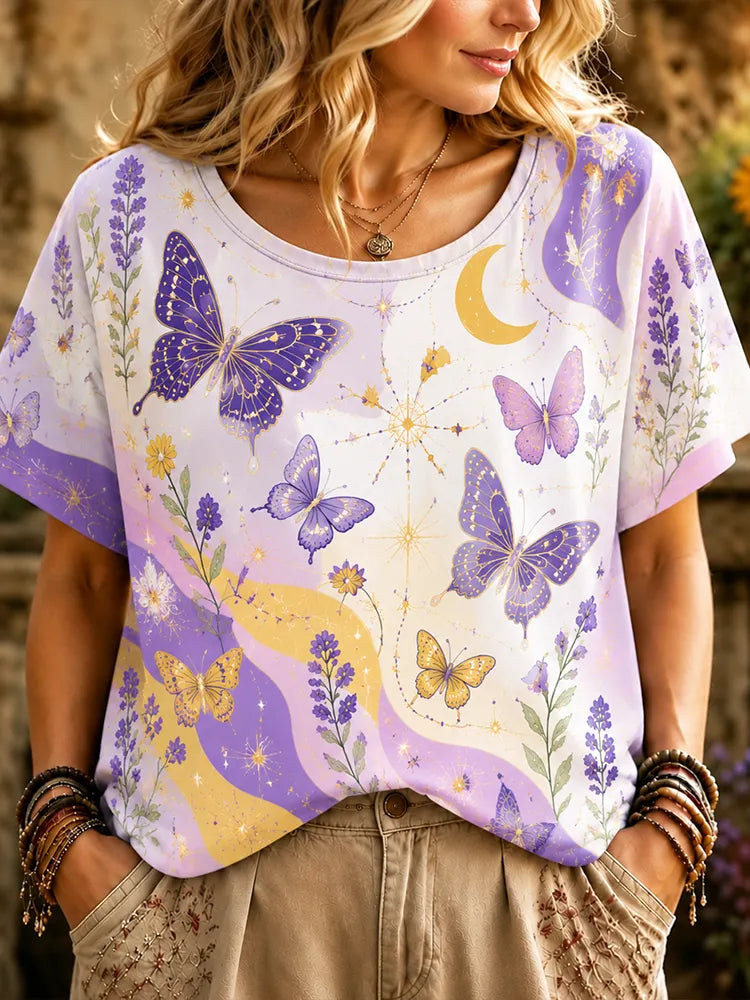 Women's Casual Crew Neck Short Sleeve T-shirt With Purple Butterfly, Crescent Moon, And Lavender Print