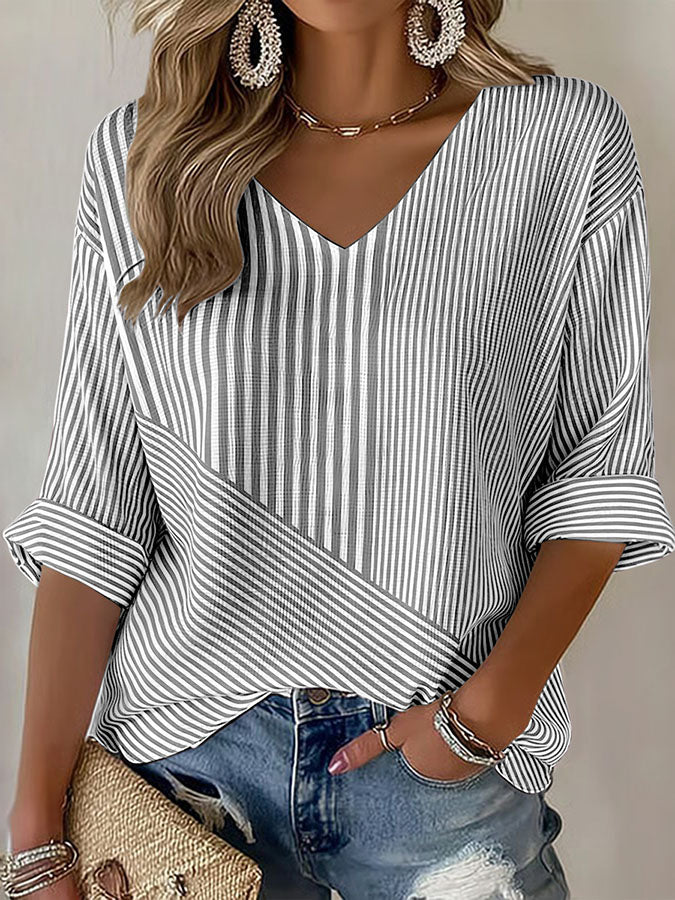 Women'S Casual Breast Cancer Awareness Print Pink Stripe Art V-Neck T-Shirt