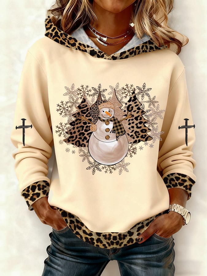 Women's Casual Leopard Print Snowman Hoodie