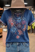Vintage Patriotic Fireworks Print Round Neck Cotton T-Shirt