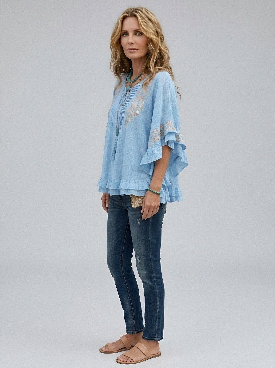 Women's Western Vintage Floral Embroidered Ruffle Sleeve Top