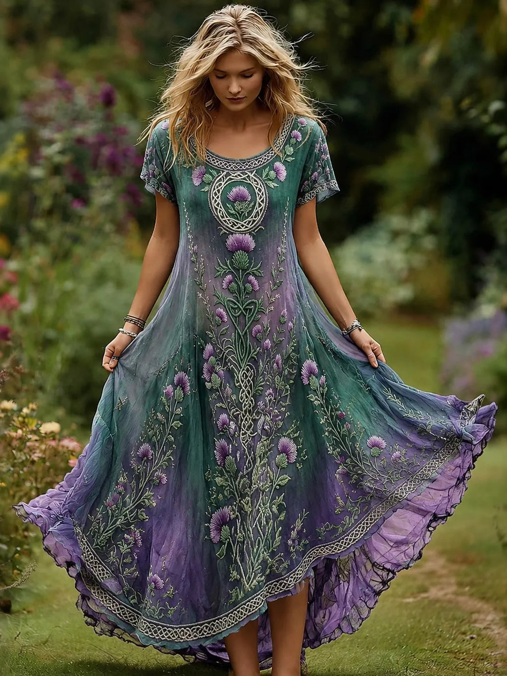 Women's Elegant Scottish Thistle Floral Print Alzheimer's Awareness Casual Dress