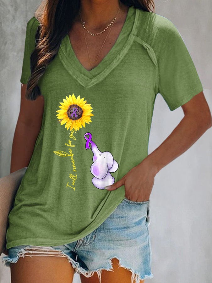 Women's Elephant I Will Remember For You Sunflower Alzheimer Print T-shirt