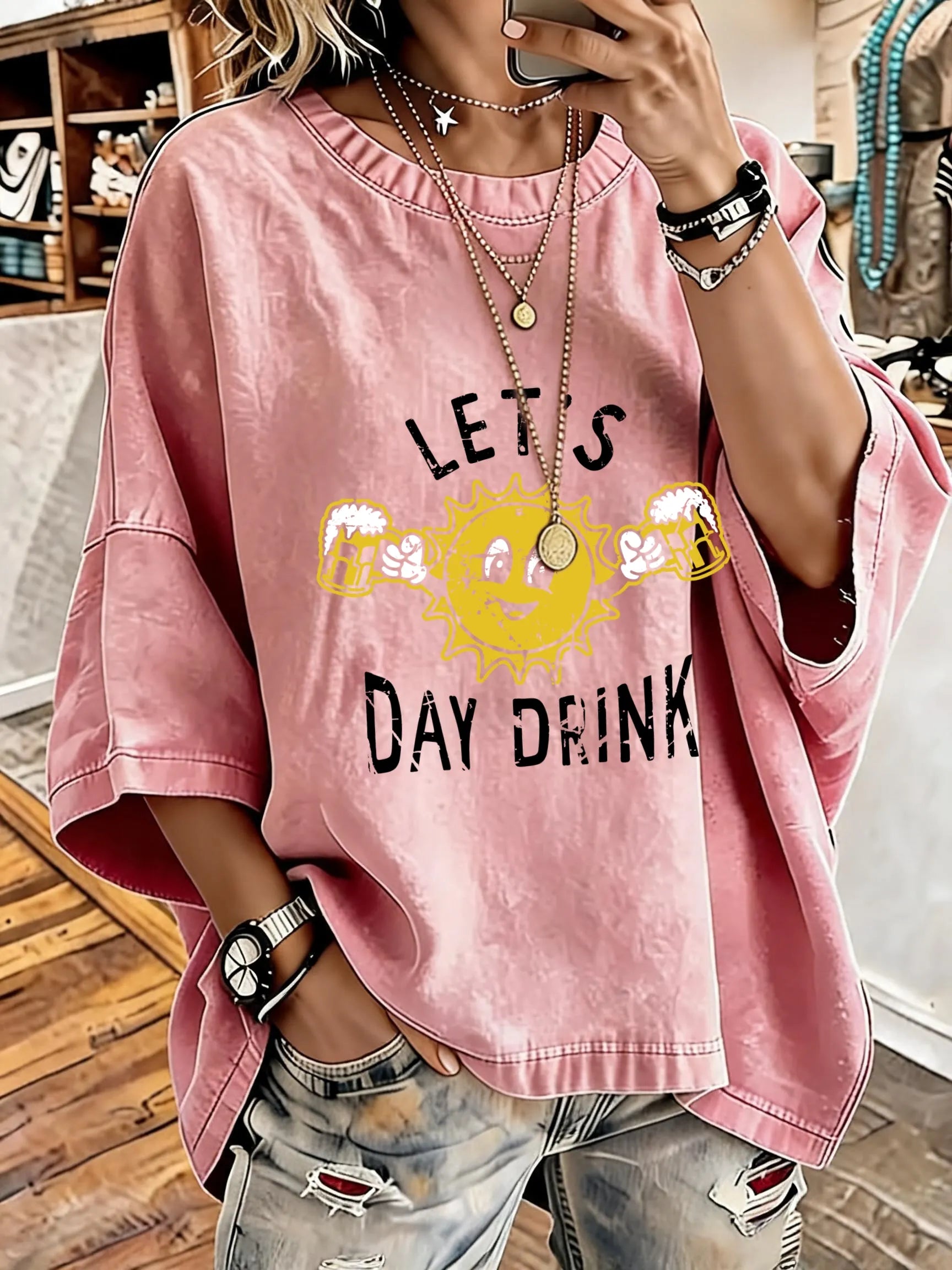Women'S Vintage Distressed Washed Lets Day Drink Oversized T-Shirt