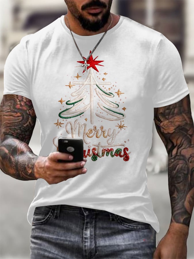 Men's Retro Merry Christmas Cross Print T-Shirt