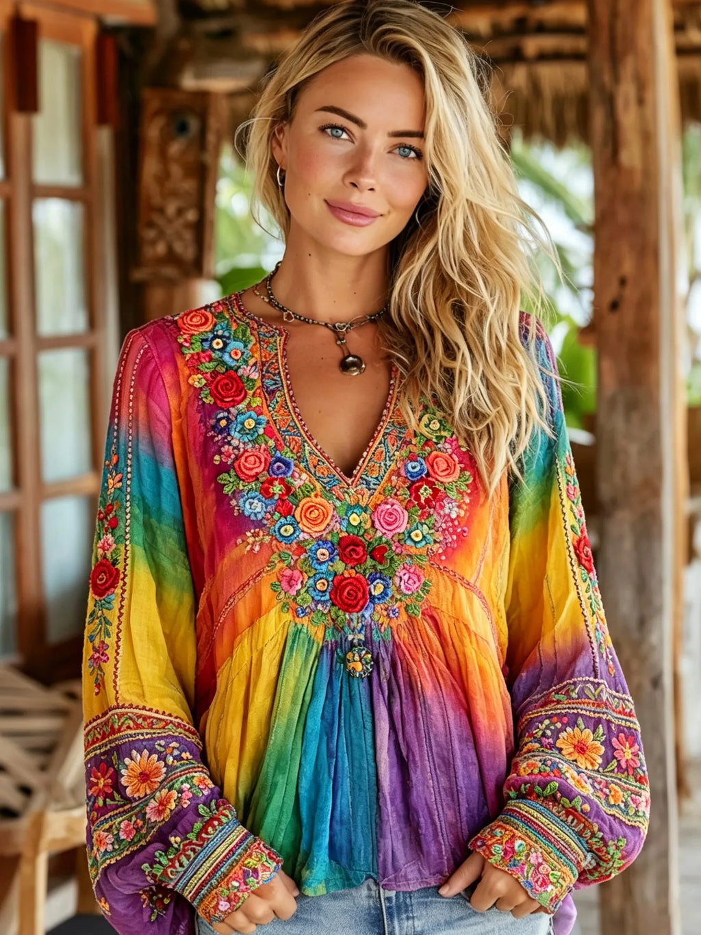Women's Retro Hippie Style Floral Art Embroidery Cotton Linen Casual V-neck T-shirt