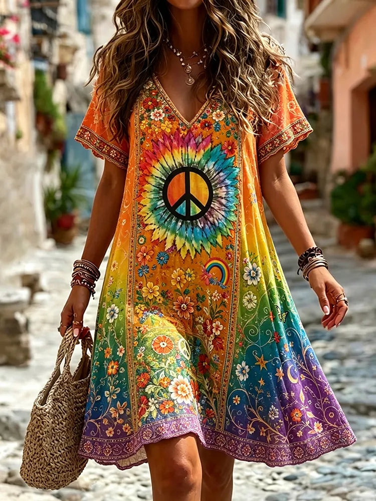 Women's Hippie Peace And Floral Embroidered Short Sleeve Dress