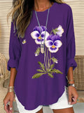 Women's Purple Floral Loose Long Sleeve Crew Neck Top